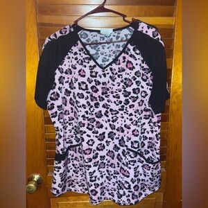 Scrubstar Black and White Raglan T-Shirt with Leopard Print